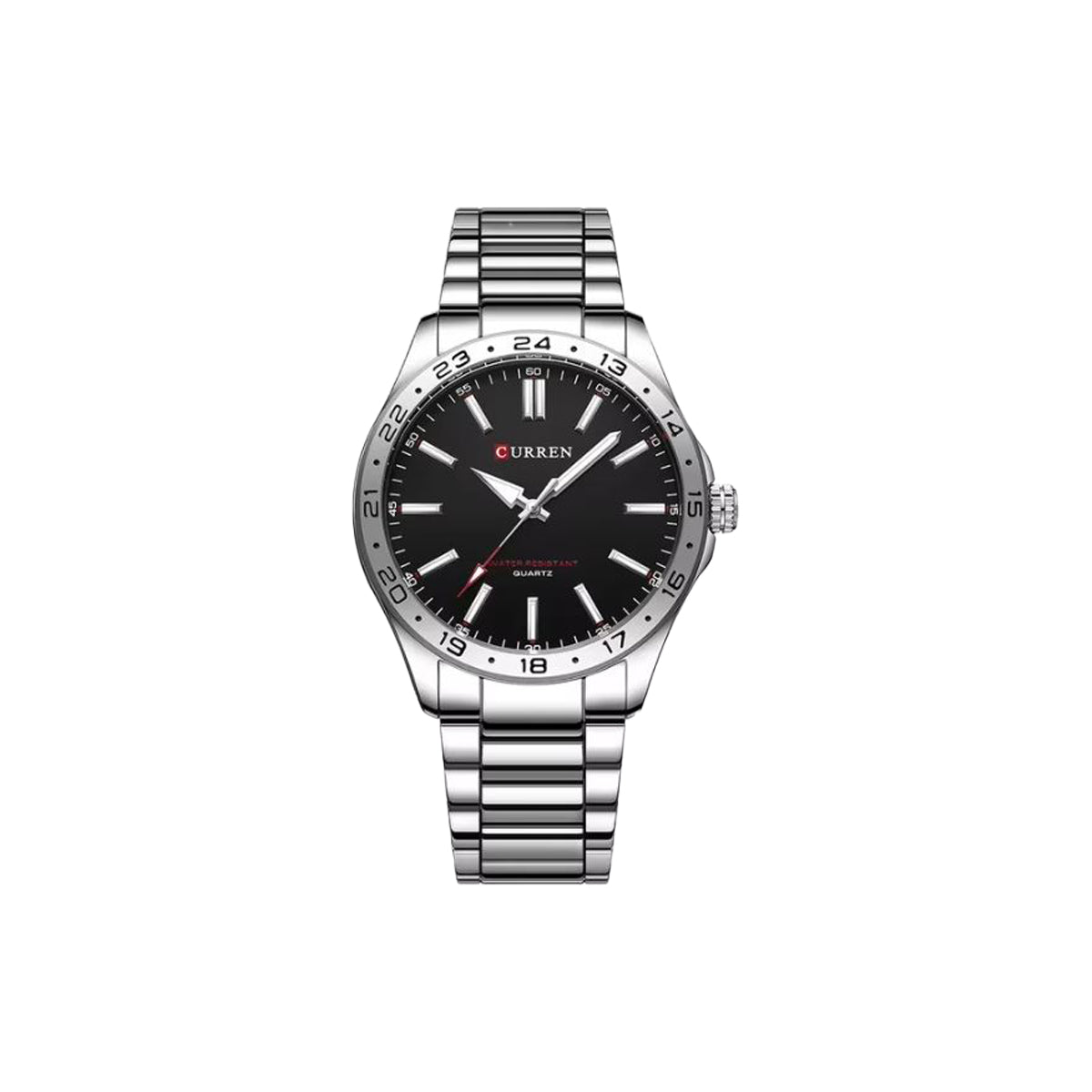Silver wristwatch with black dial on a white background