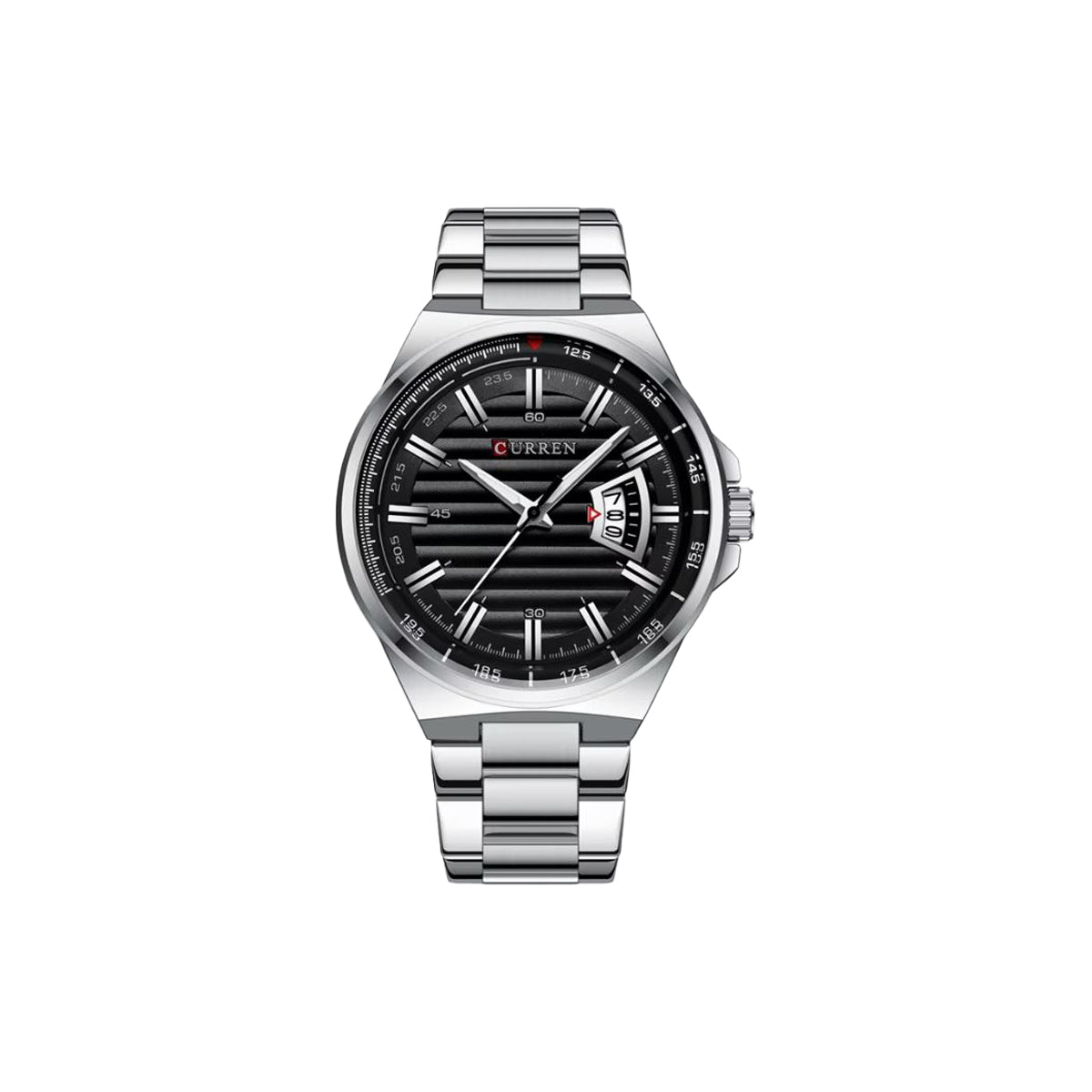 Silver wristwatch with black dial on a white background