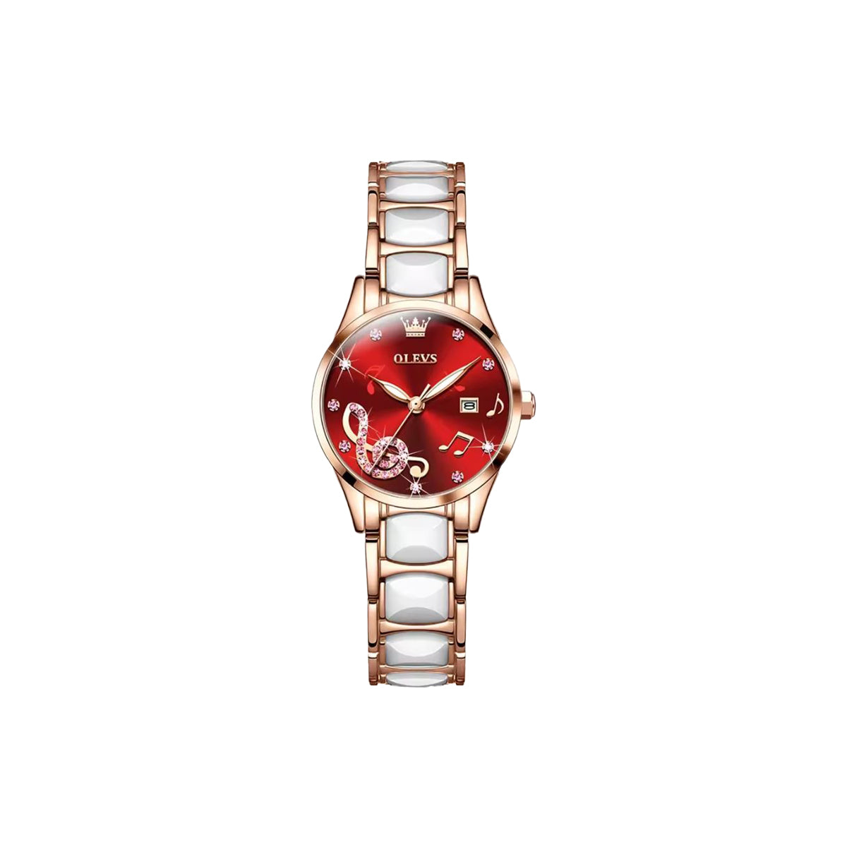 Wristwatch with red face and rose gold case on a white background