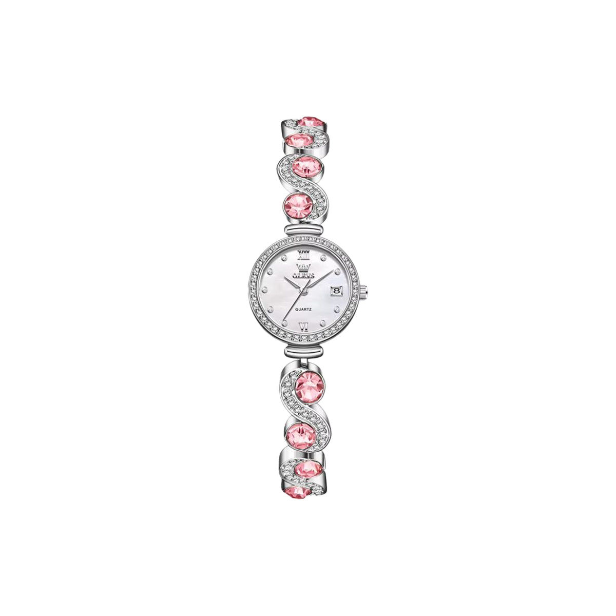 Silver watch with pink gemstones on a white background