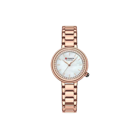 Rose gold watch with a white face on a white background