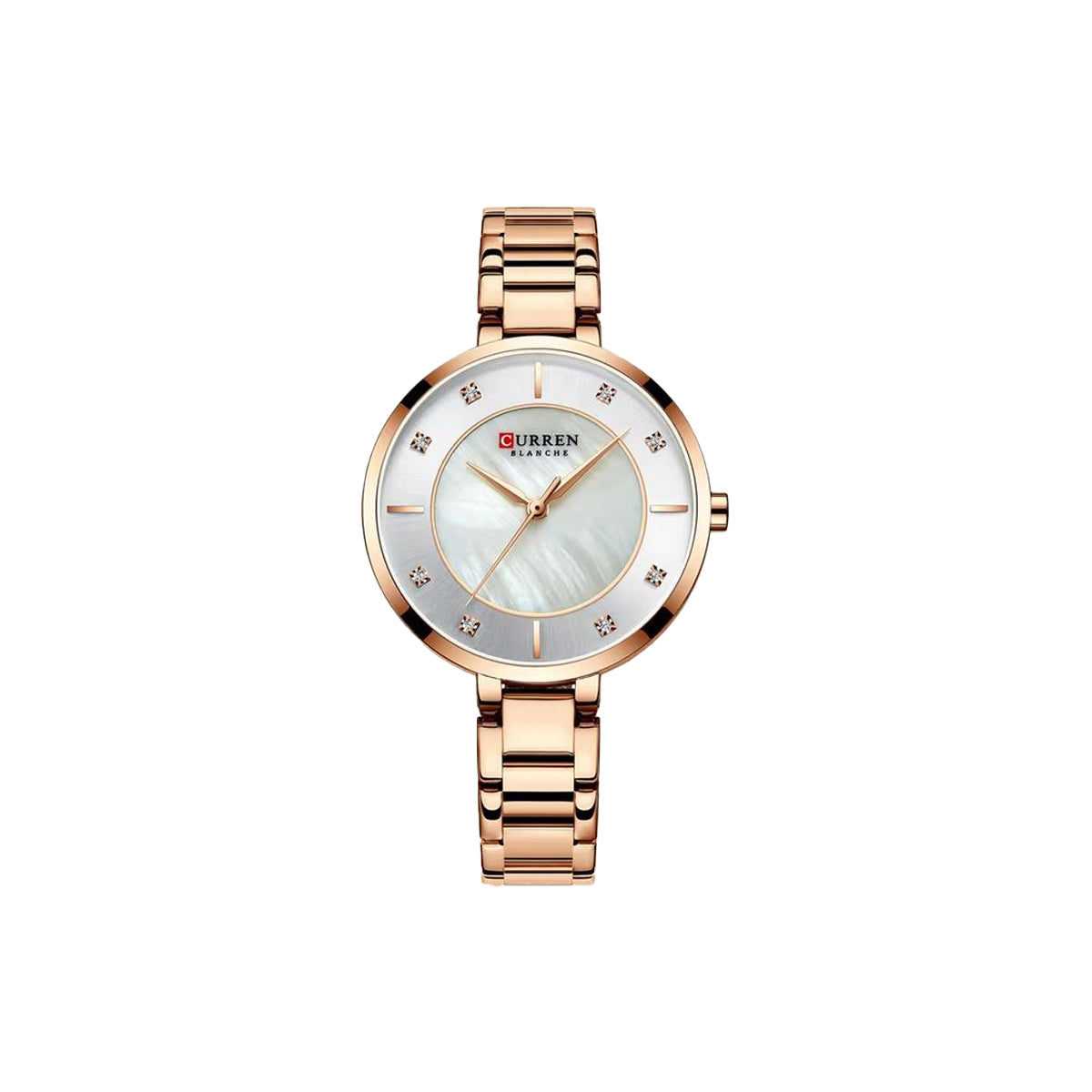Rose gold watch with a white face on a white background