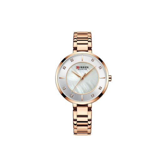 Rose gold watch with a white face on a white background