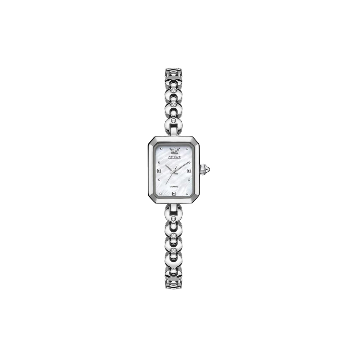Silver watch with chain strap on a white background