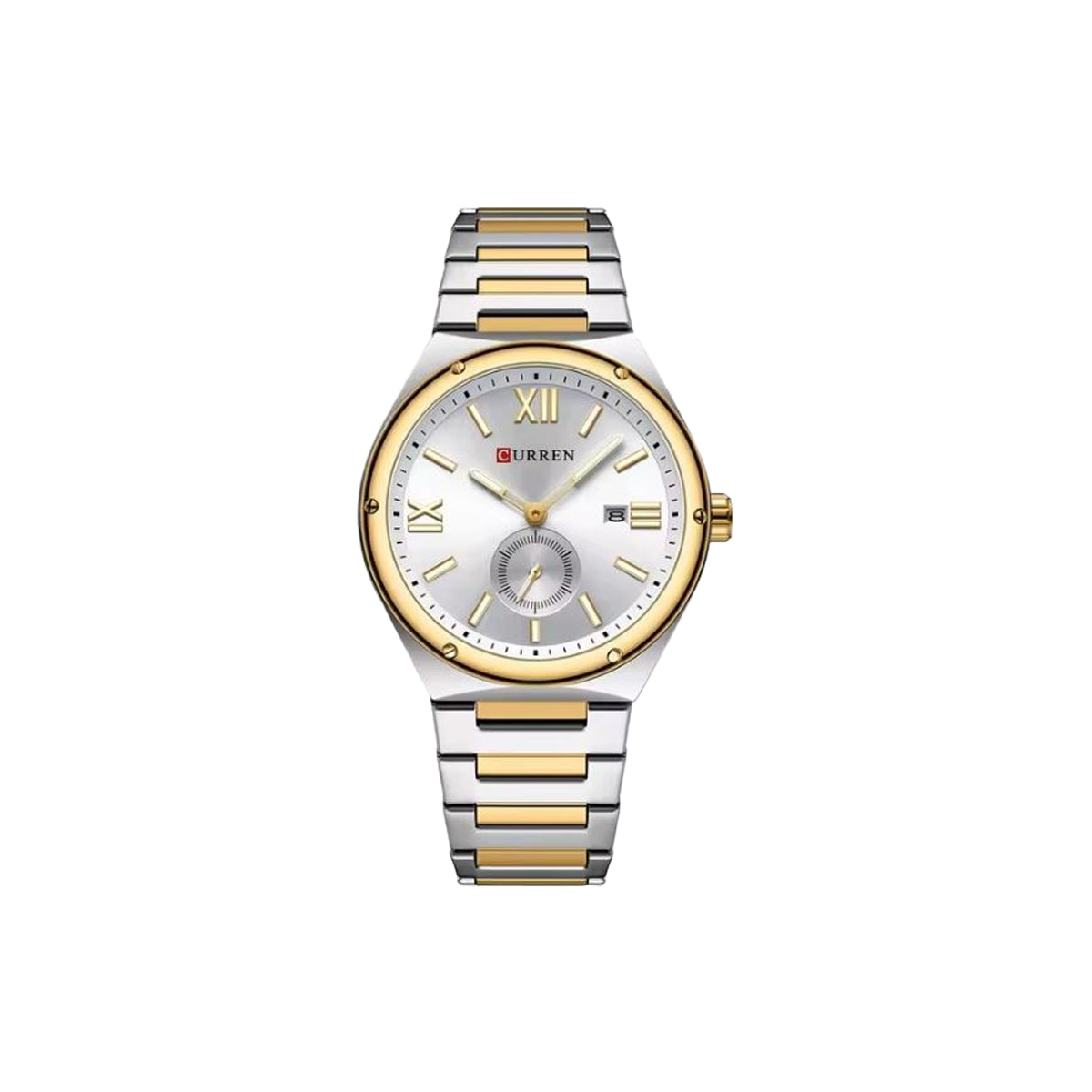 Two-tone watch with silver and gold band on a white background