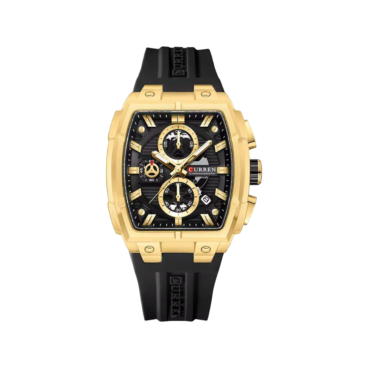 CURREN 8488 Men’s Quartz Watch Gold Black– Silicone Band Waterproof Luminous Calendar Wristwatch