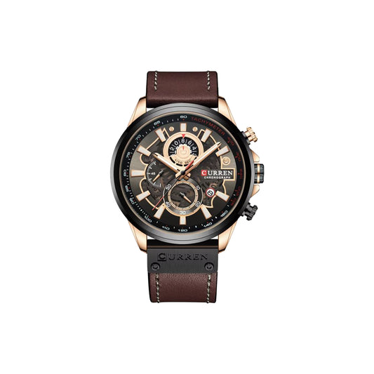 Curren watch with brown leather strap and black dial on a white background