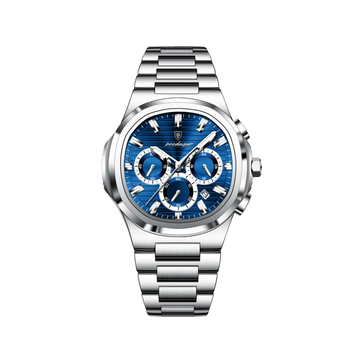 POEDAGAR 834 Men’s Luxury Square Quartz Watch Silver Blue– Waterproof Luminous Date Stainless Steel Wristwatch