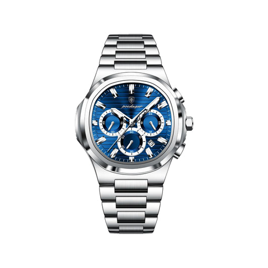 POEDAGAR 834 Men’s Luxury Square Quartz Watch Silver Blue– Waterproof Luminous Date Stainless Steel Wristwatch