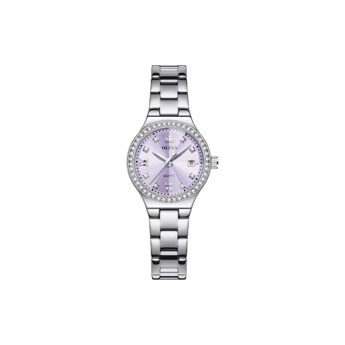 Silver watch with a purple face on a white background