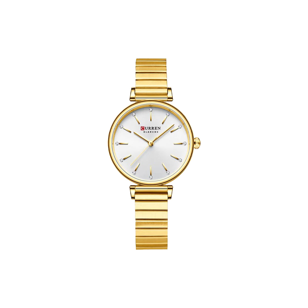Gold wristwatch with a white face on a white background