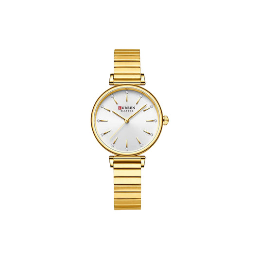 Gold wristwatch with a white face on a white background