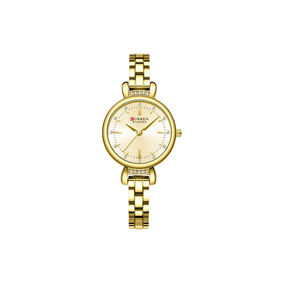 Gold wristwatch with a white face on a white background
