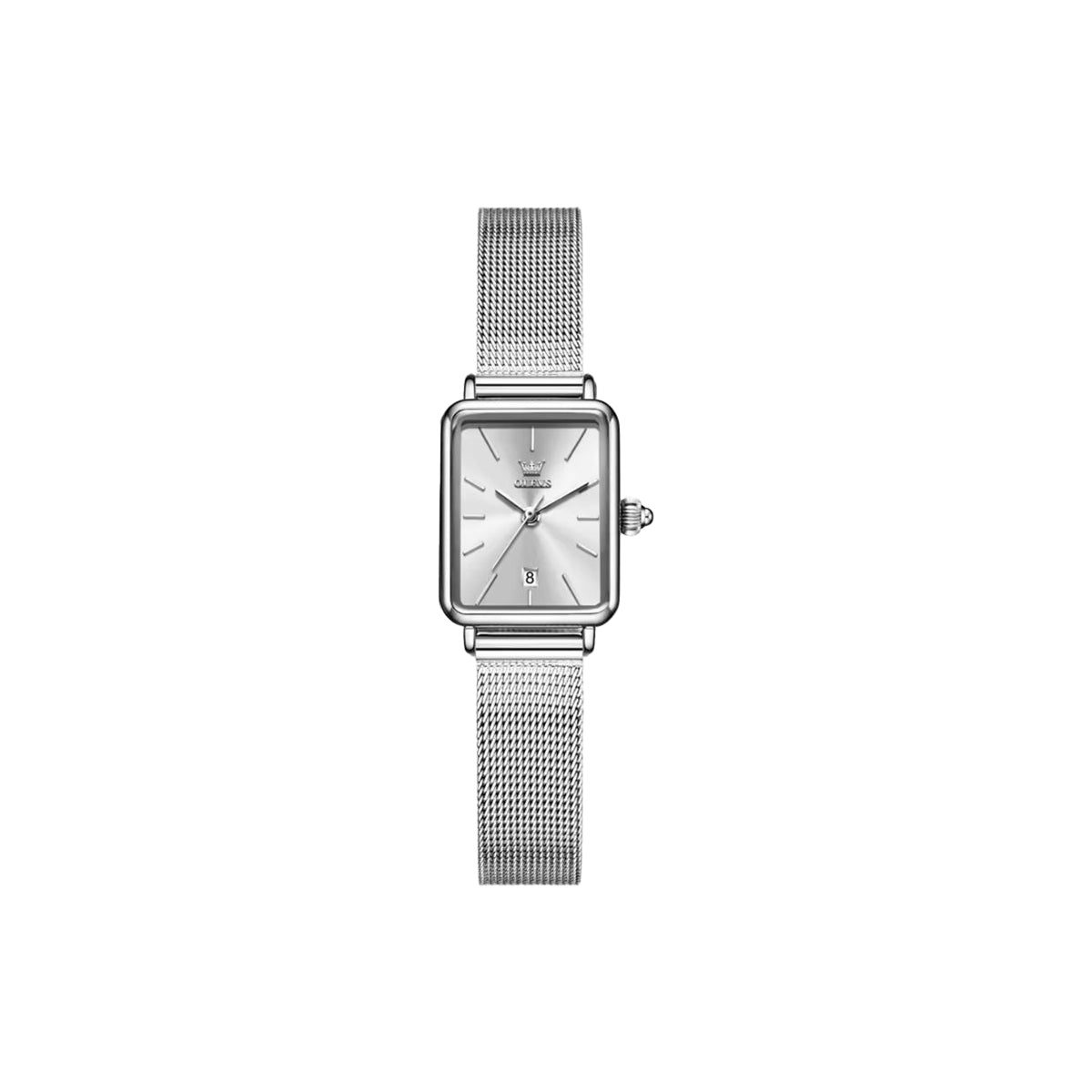 Silver watch with mesh band on a white background
