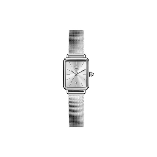 Silver watch with mesh band on a white background