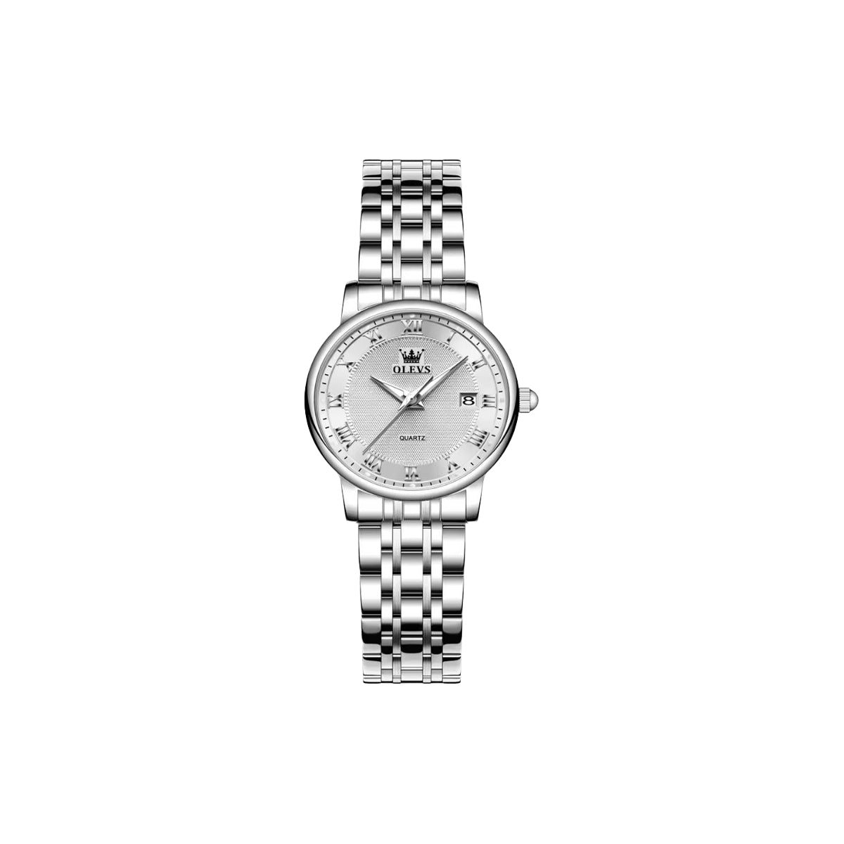 Silver watch with a white face on a white background