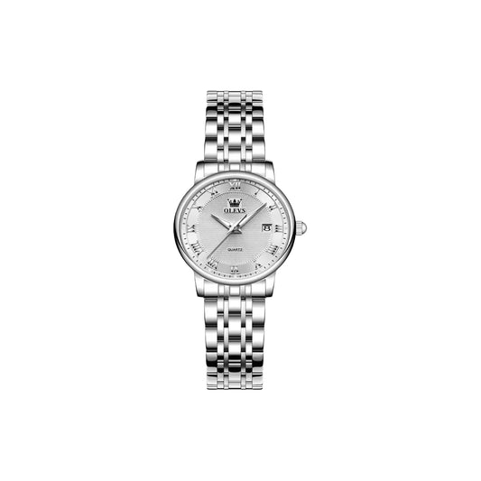 Silver watch with a white face on a white background
