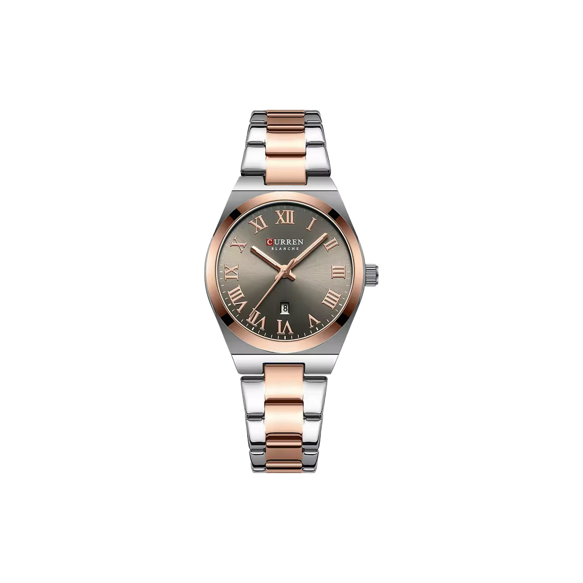 Two-tone watch with silver and rose gold band on a white background