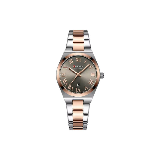 Two-tone watch with silver and rose gold band on a white background
