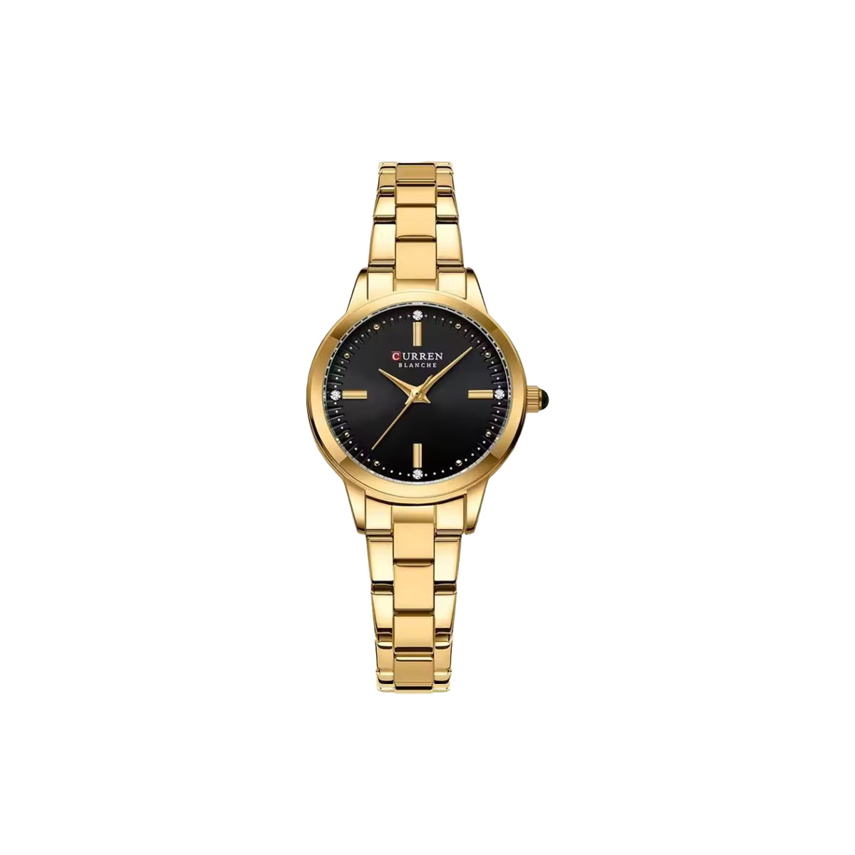 Gold wristwatch with a black dial on a white background