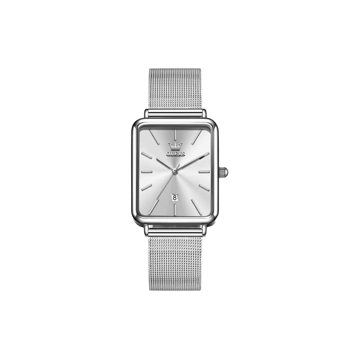 Silver watch with mesh band on a white background