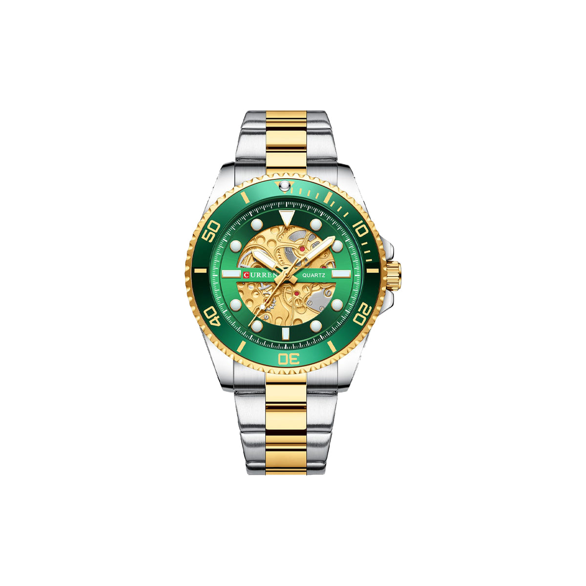 Watch with green dial and gold accents on a white background