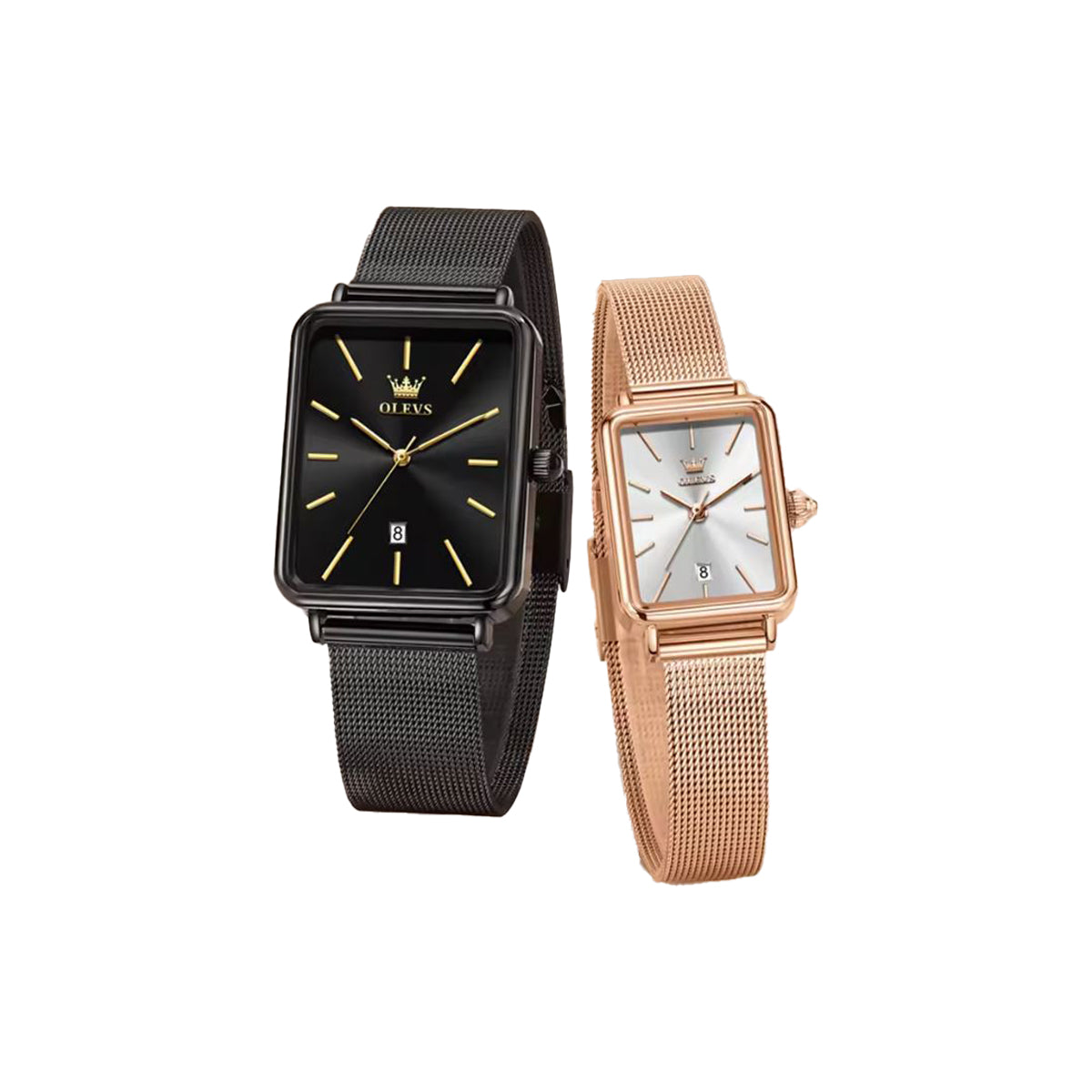 Two watches, one black and one rose gold, on a white background
