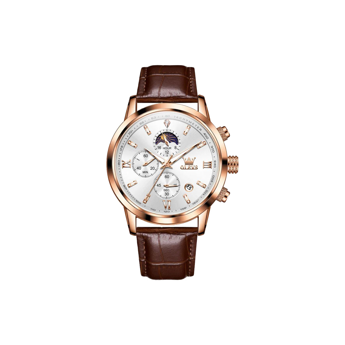 Luxury watch with brown leather strap and rose gold case on white background