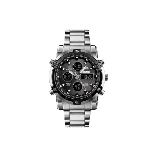 Silver wristwatch with black dial on a white background