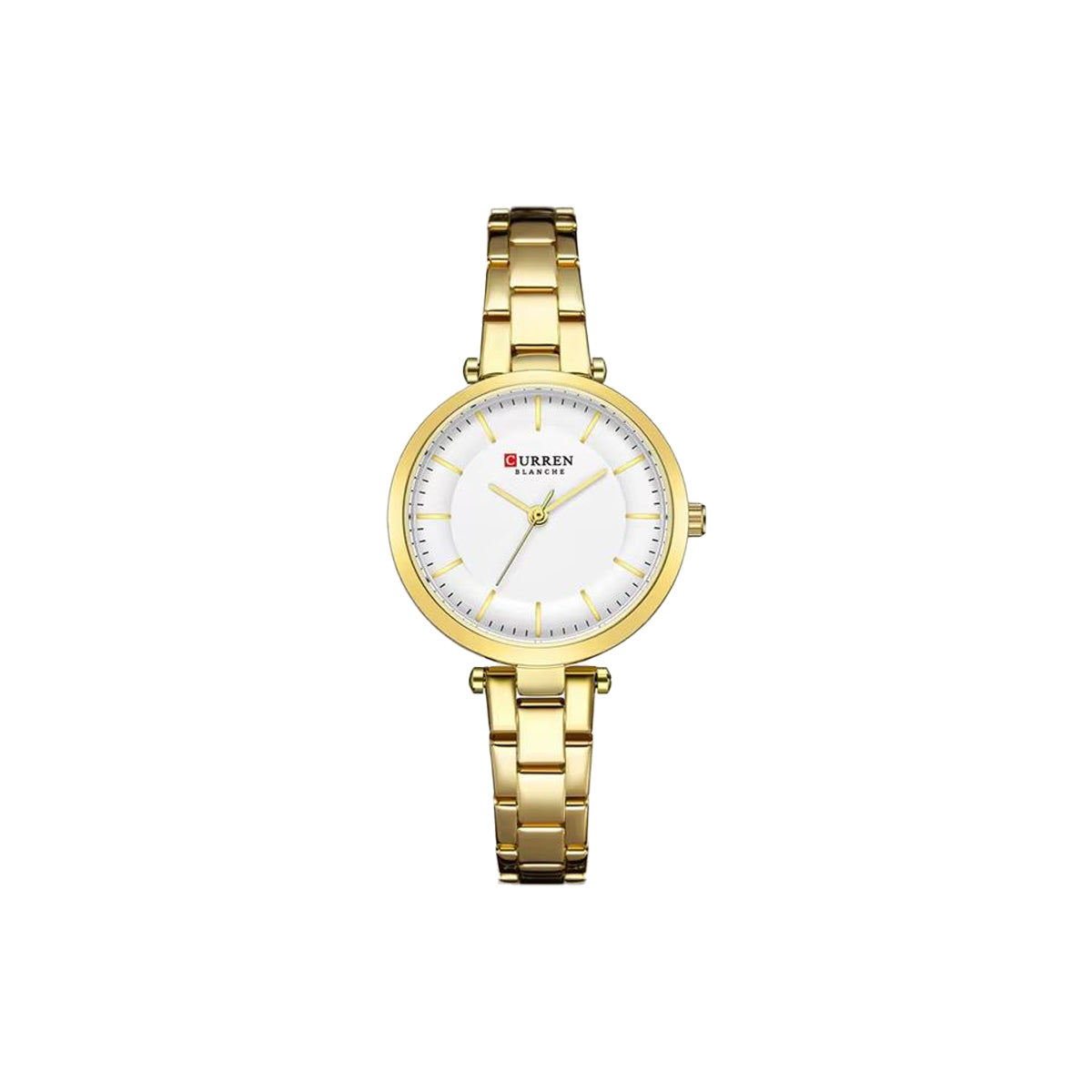 Gold wristwatch with a white face on a white background