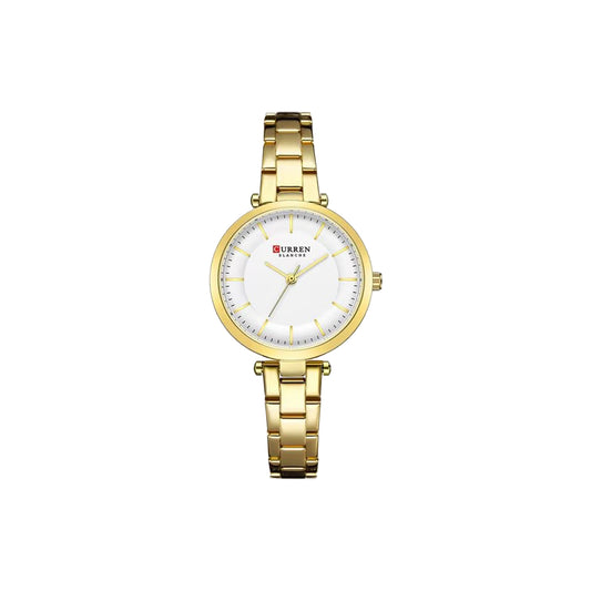 Gold wristwatch with a white face on a white background