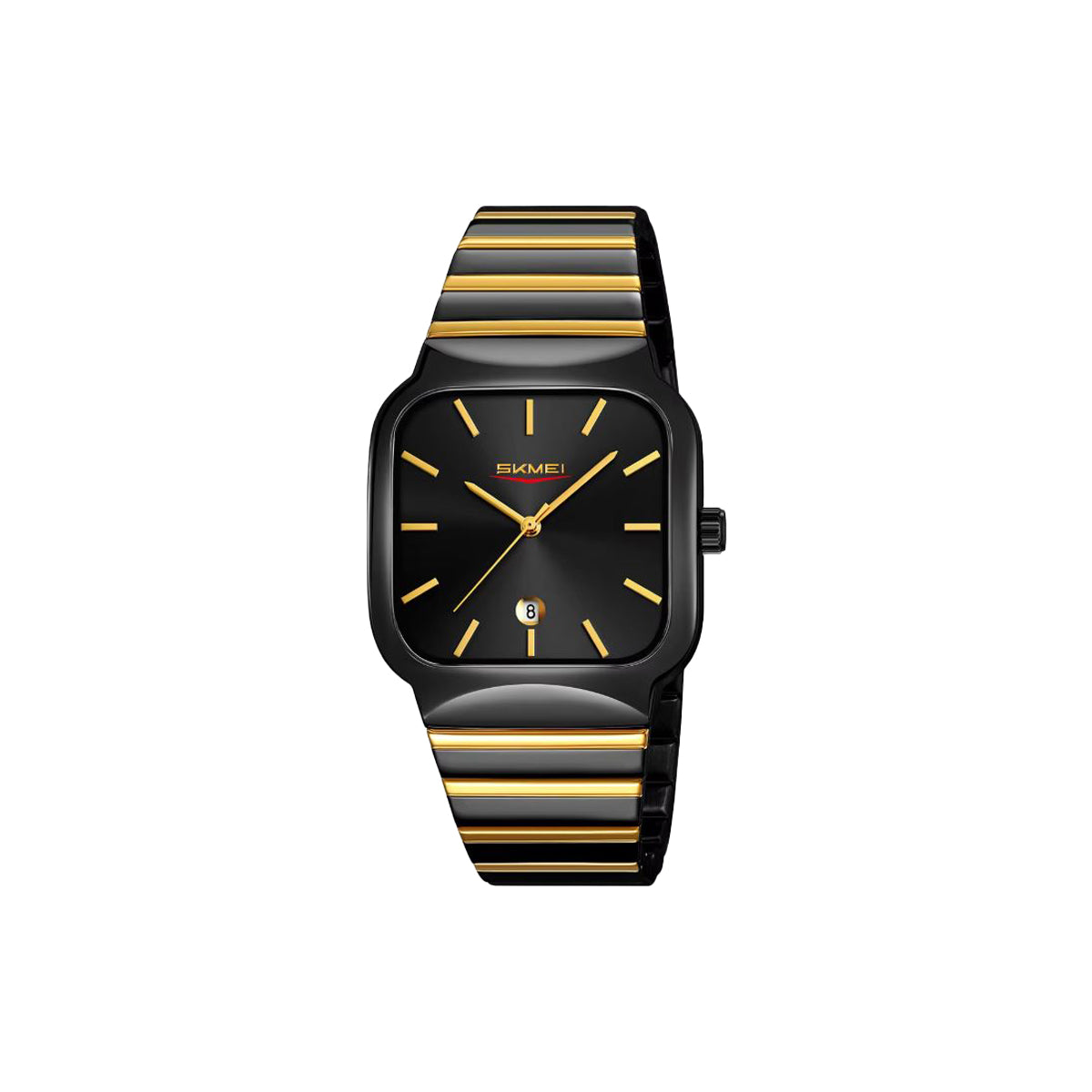 Black and gold watch with brand name on a white background