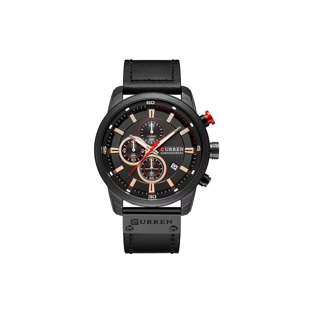 Black Curren watch with detailed face on a white background