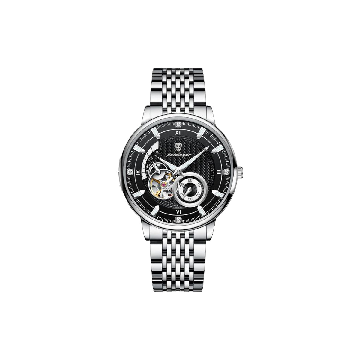 Luxury watch with black face and silver metal strap on a white background