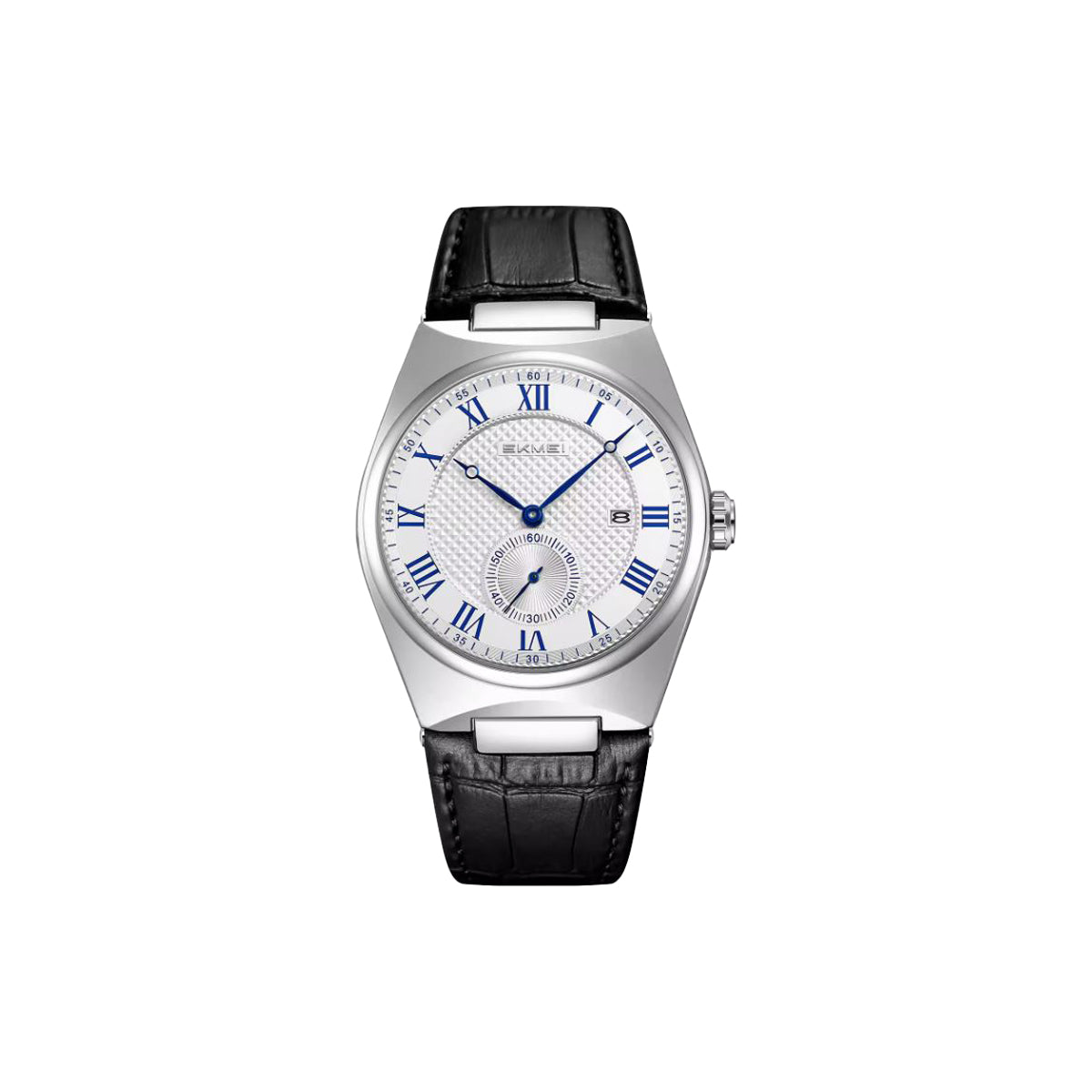 Watch with black leather strap and silver case on a white background