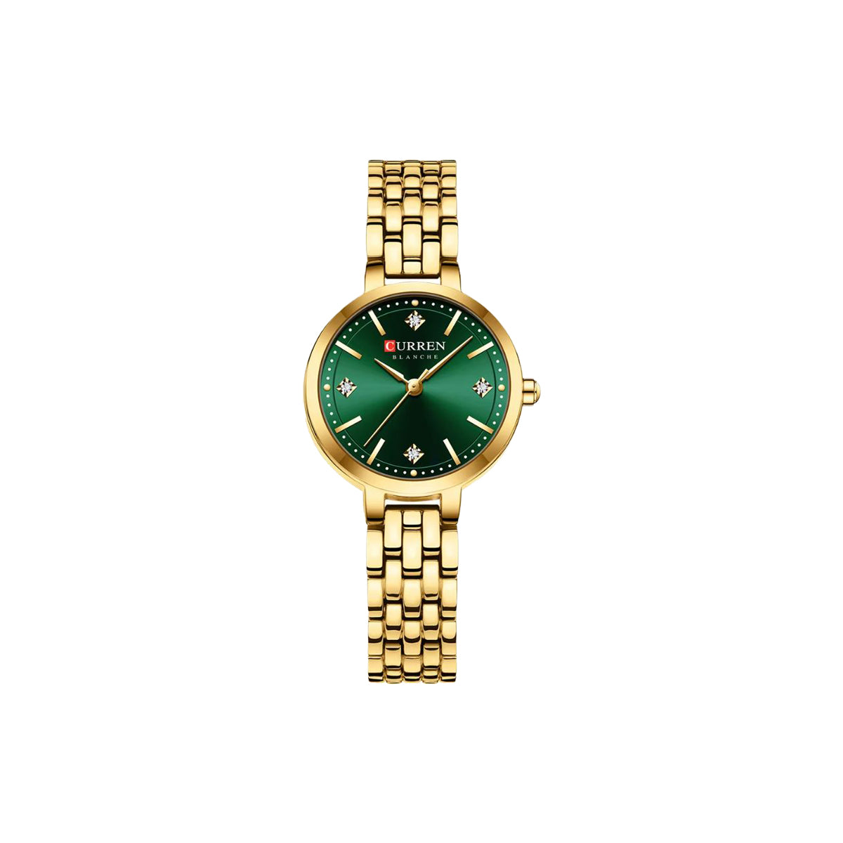 Gold watch with a green face on a white background