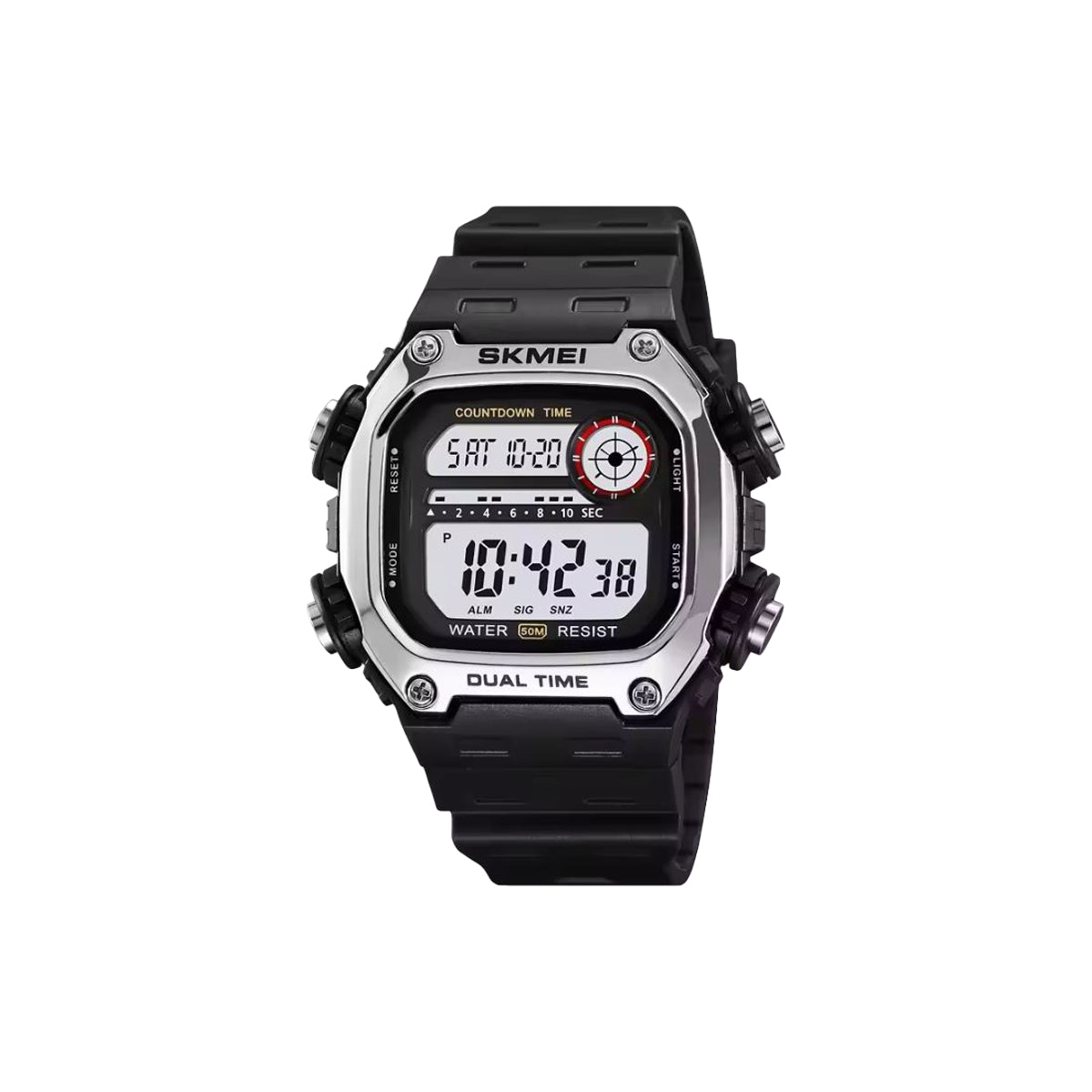 Digital watch with black strap and silver case on a white background