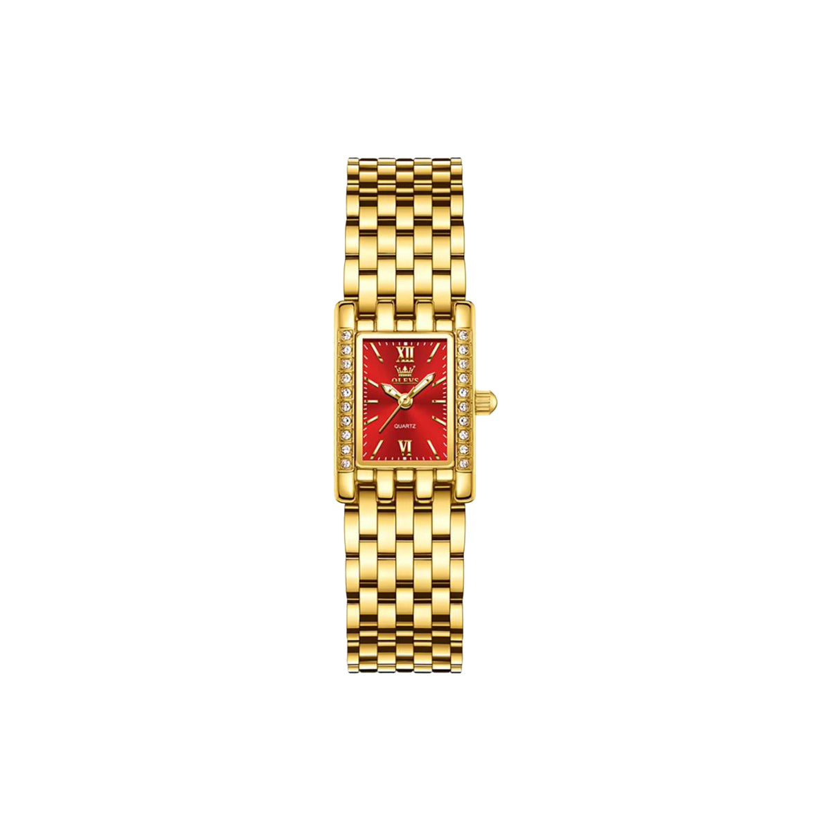 Gold watch with a red face on a white background