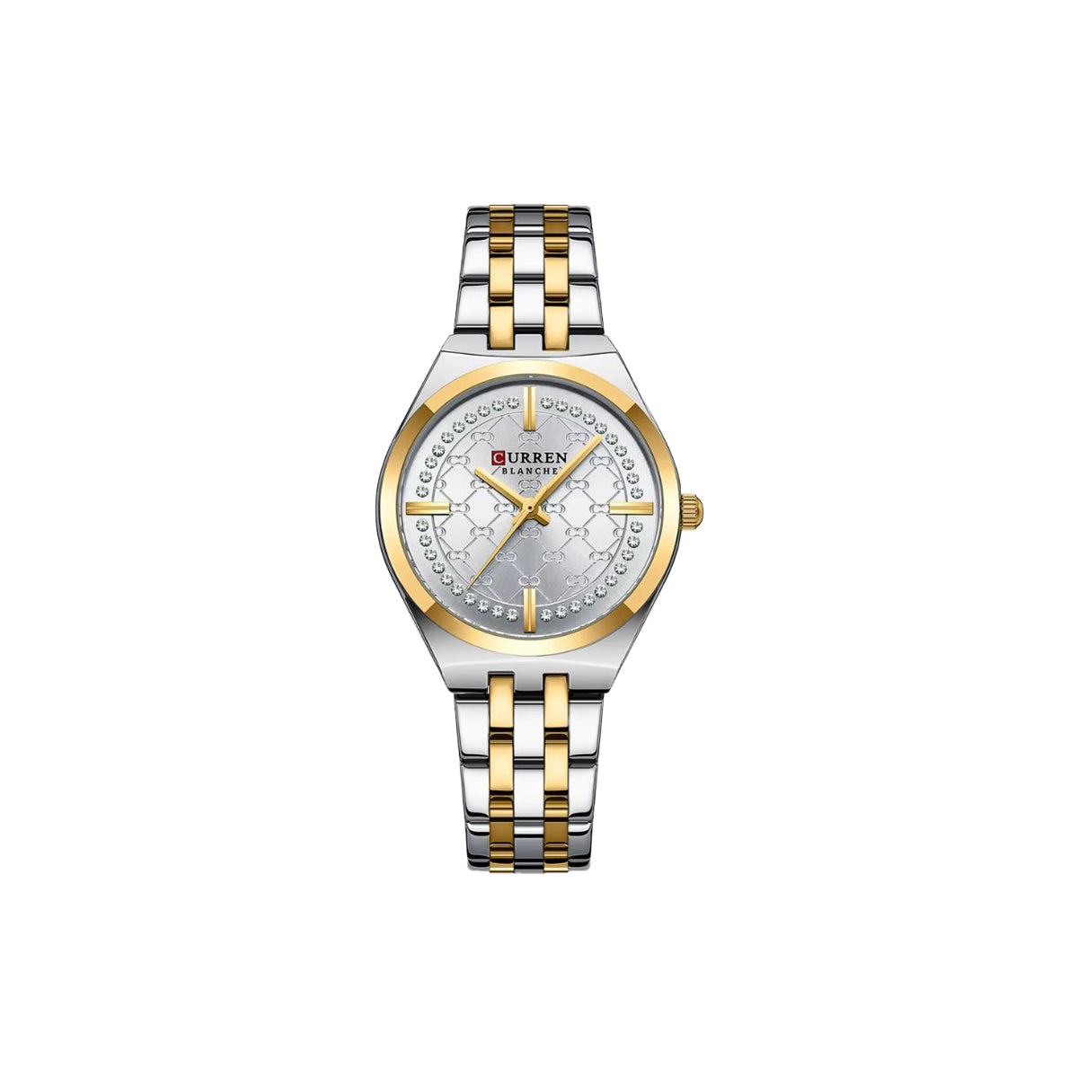 Two-tone watch with silver and gold band on a white background