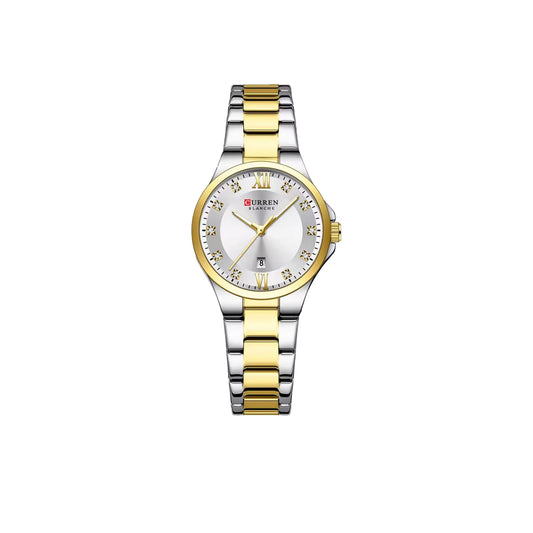 Two-tone silver and gold watch with a white face on a white background