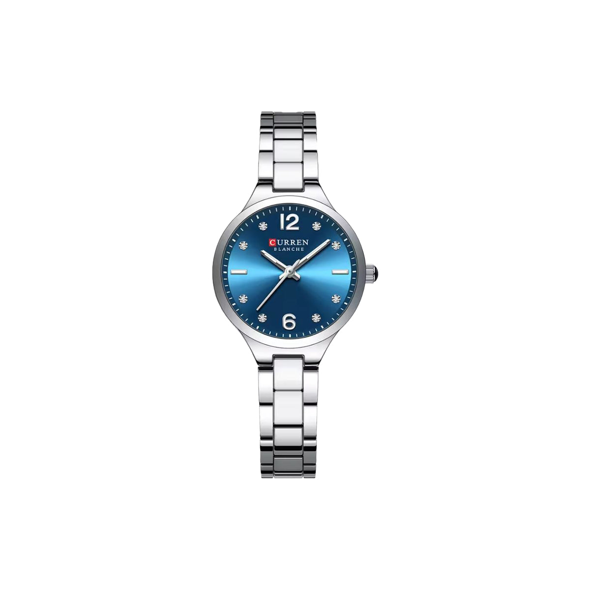 Silver watch with a blue face on a white background