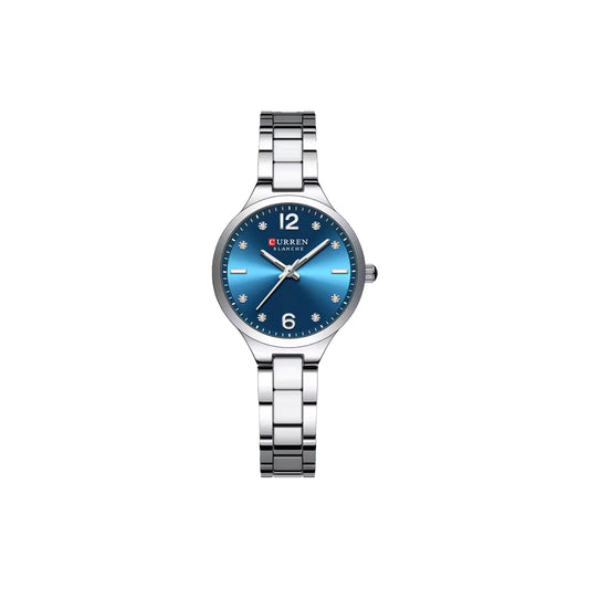 Silver watch with a blue face on a white background