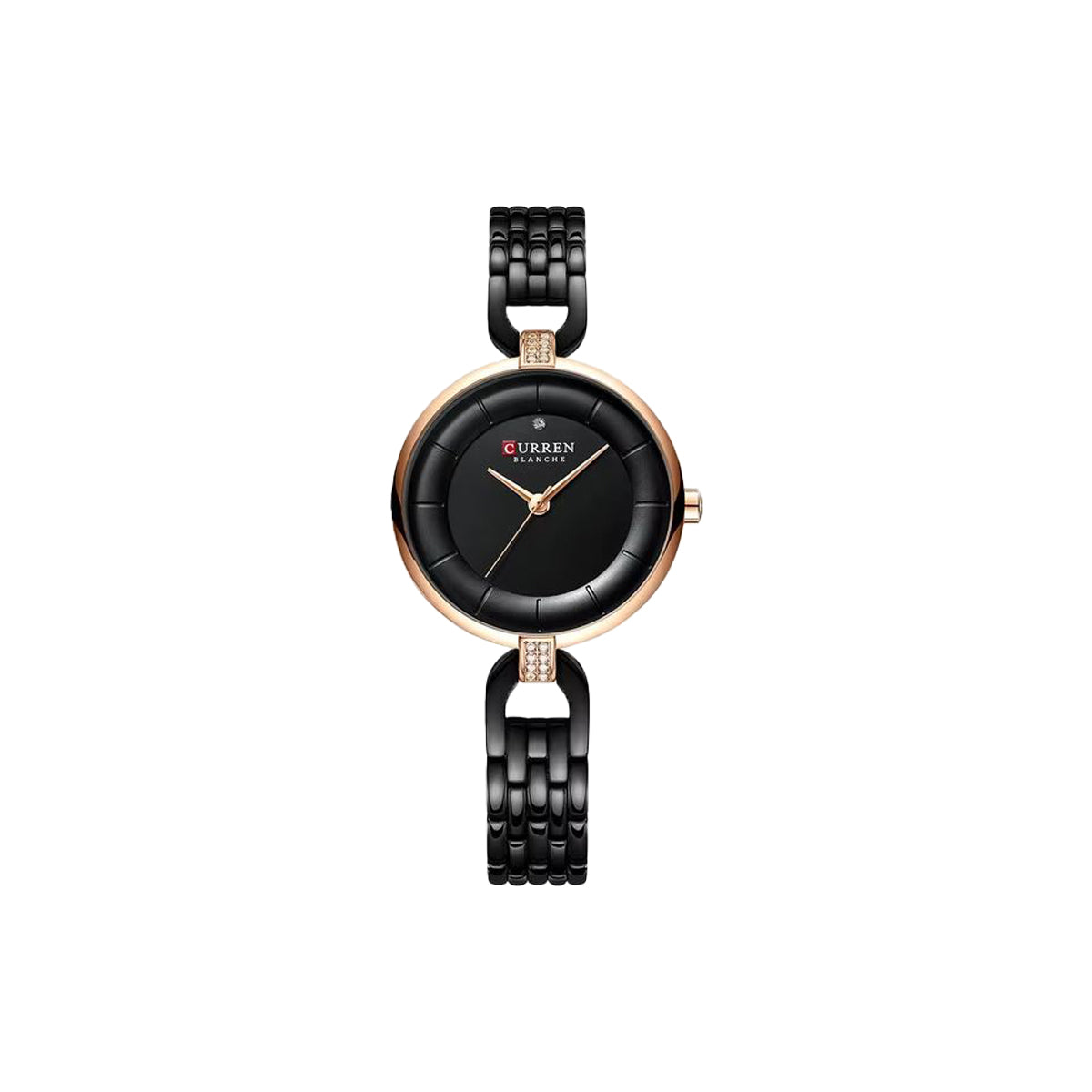 Black and rose gold watch with 'Curren' branding on a white background