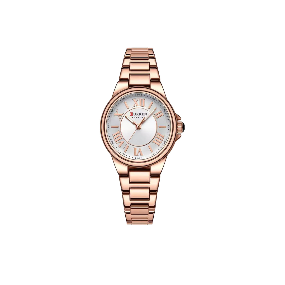 Rose gold watch with a white face on a white background