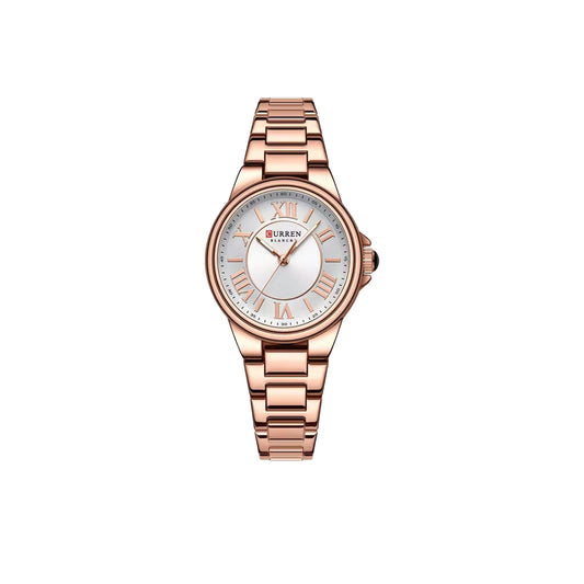 Rose gold watch with a white face on a white background