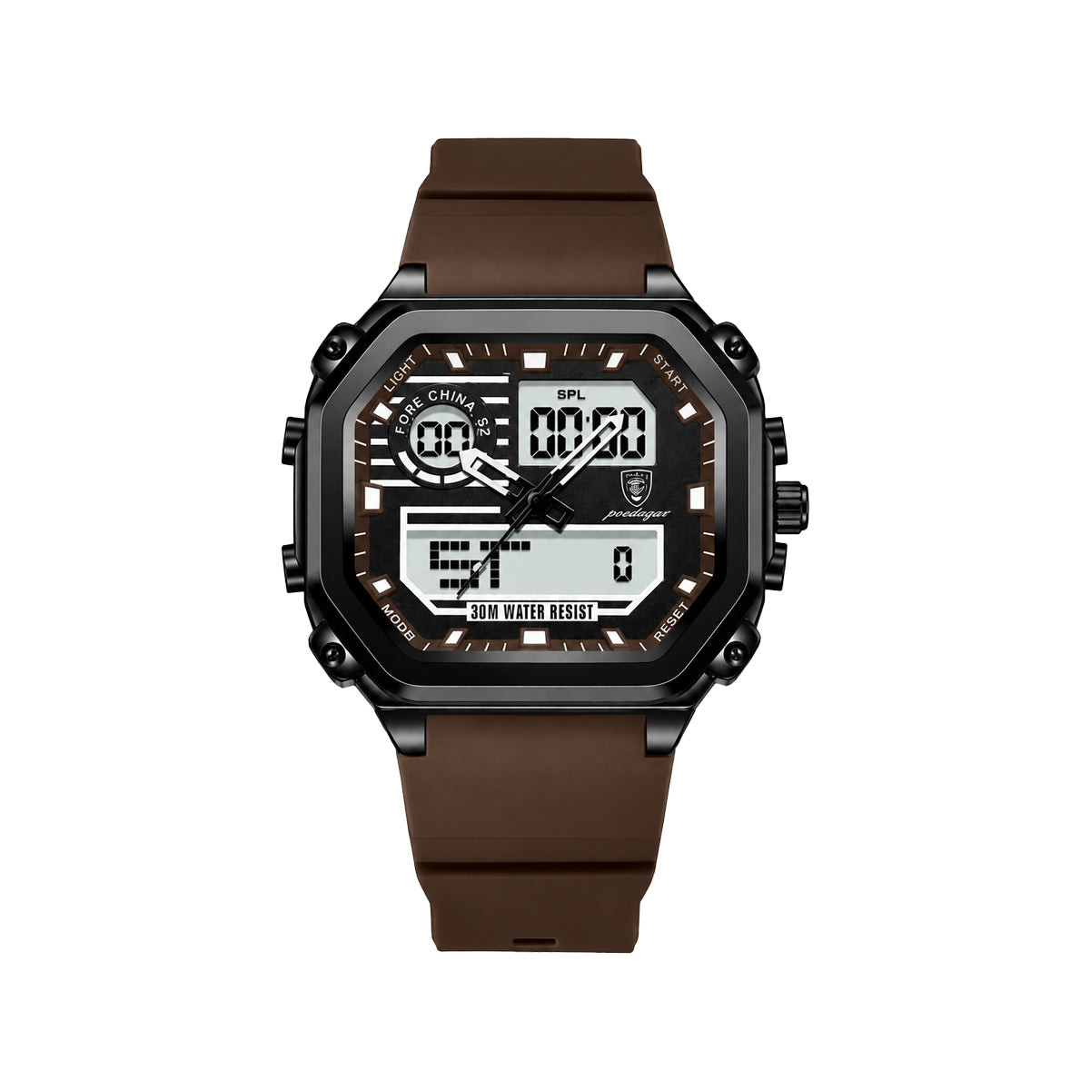 POEDAGAR 993 Men’s Sports LED Watch Brown– Waterproof Luminous Week Date Silicone Wristwatch