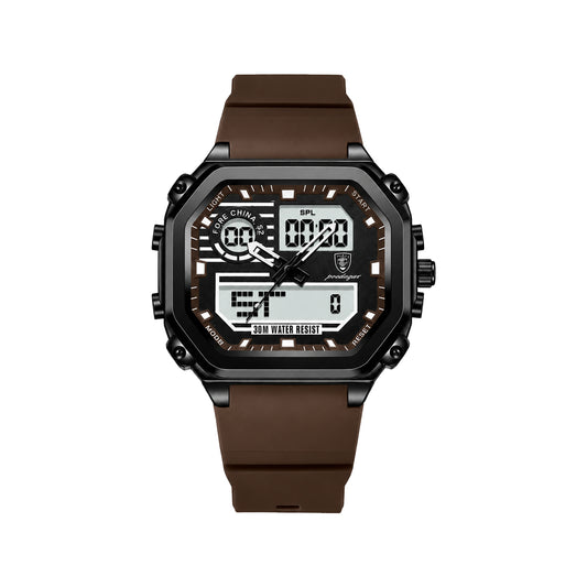 POEDAGAR 993 Men’s Sports LED Watch Brown– Waterproof Luminous Week Date Silicone Wristwatch