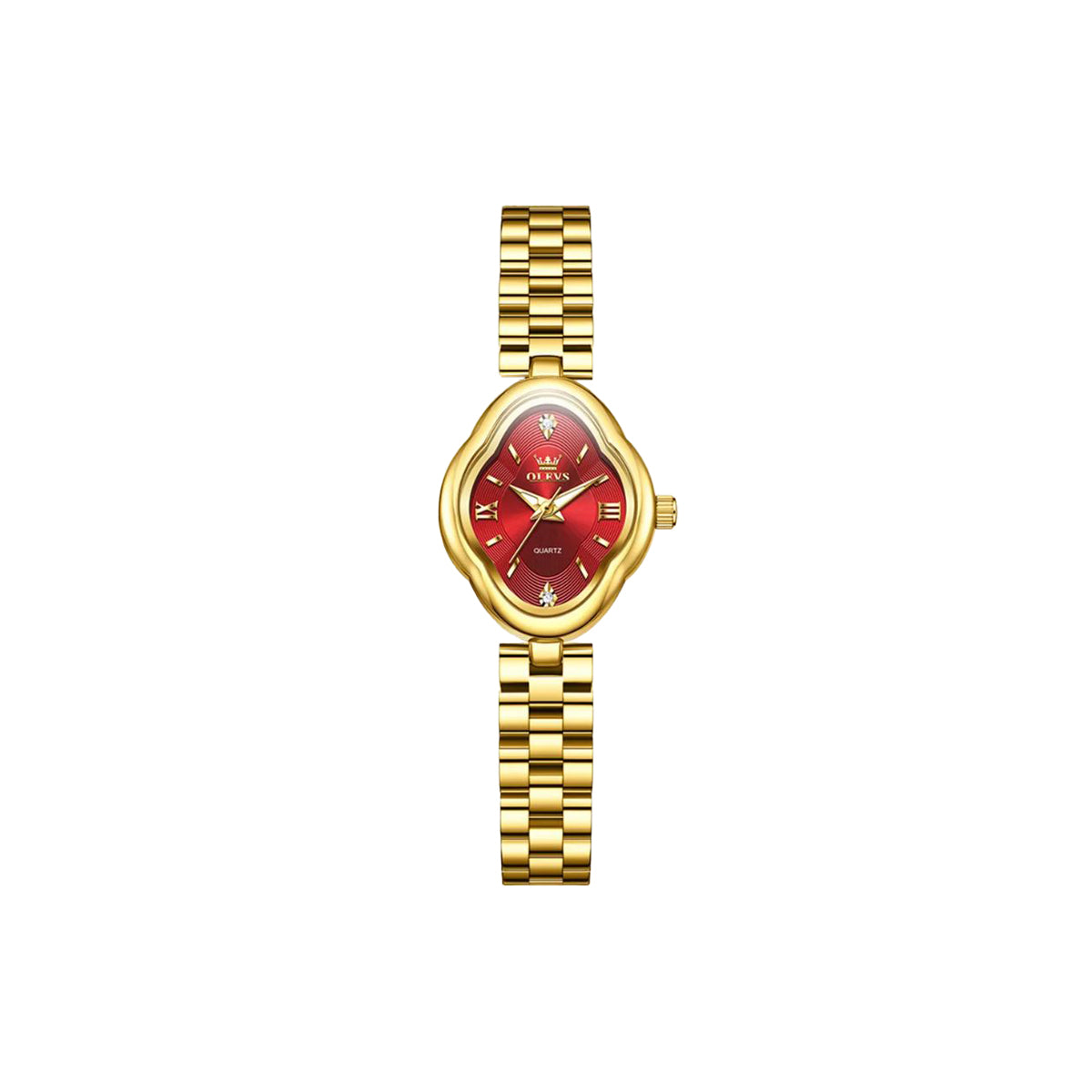 Gold watch with a red face on a white background