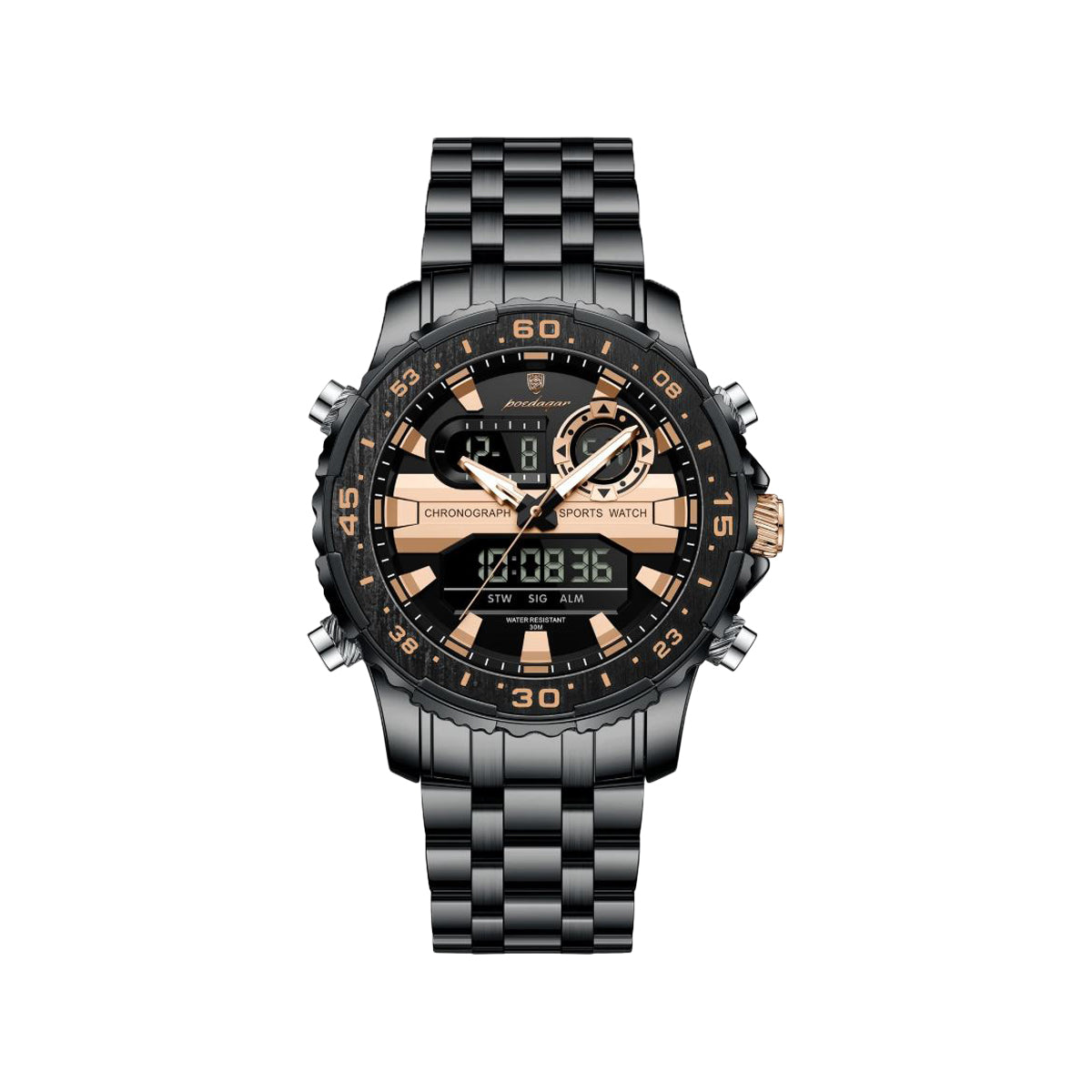 POEDAGAR 122 Luxury Dual Time LED Watch Black Rose Gold– Waterproof Digital Stainless Steel Men’s Wristwatch