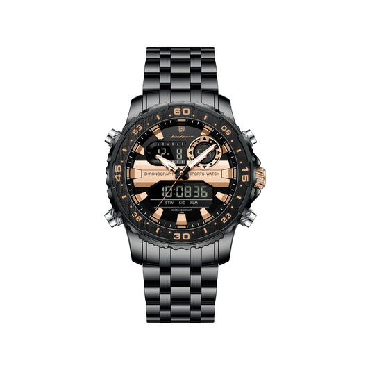 POEDAGAR 122 Luxury Dual Time LED Watch Black Rose Gold– Waterproof Digital Stainless Steel Men’s Wristwatch